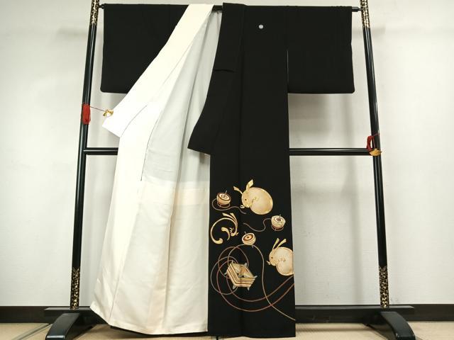 平和屋着物●豪華黒留袖　駒刺繍　兎　駒　金彩　正絹　逸品　未使用　AABJ4756fy