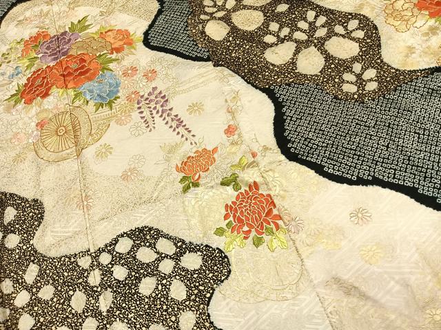 平和屋着物●豪華振袖　駒刺繍　絞り　片輪車花文　金彩　正絹　逸品　AABJ4774fy