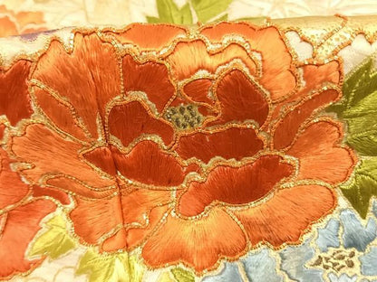 平和屋着物●豪華振袖　駒刺繍　絞り　片輪車花文　金彩　正絹　逸品　AABJ4774fy