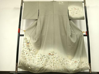 平和屋着物●訪問着　中国三大刺繍　汕頭刺繍　スワトウ刺繍　総刺繍　風景花文　金糸　正絹　逸品　AABJ4775fy