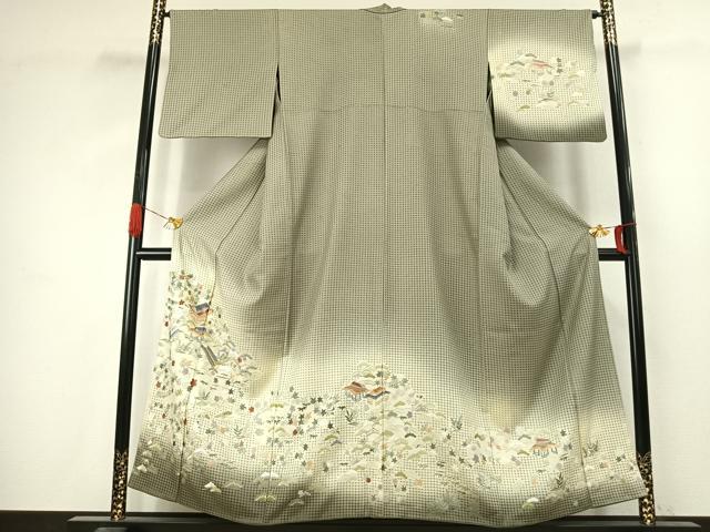 平和屋着物●訪問着　中国三大刺繍　汕頭刺繍　スワトウ刺繍　総刺繍　風景花文　金糸　正絹　逸品　AABJ4775fy