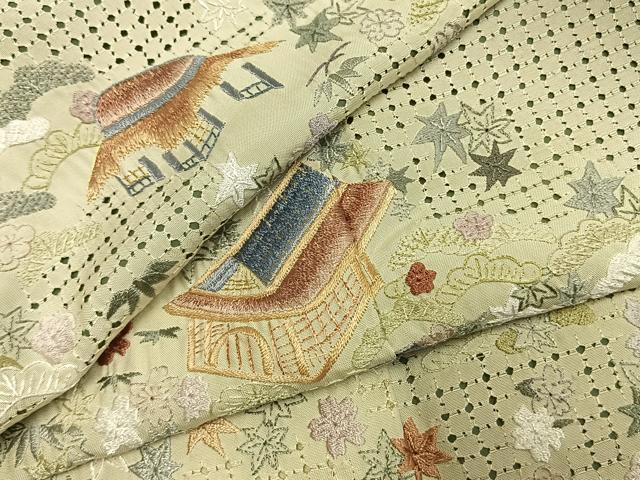 平和屋着物●訪問着　中国三大刺繍　汕頭刺繍　スワトウ刺繍　総刺繍　風景花文　金糸　正絹　逸品　AABJ4775fy