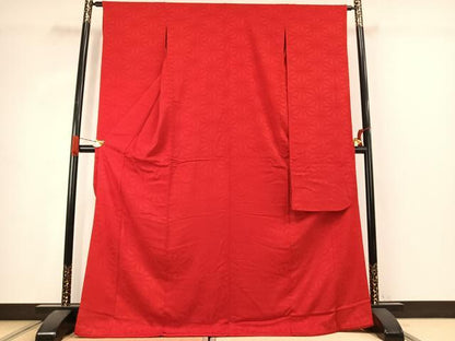 平和屋着物●豪華振袖　色無地　麻の葉地紋　紅緋色　正絹　逸品　AABJ4784fy