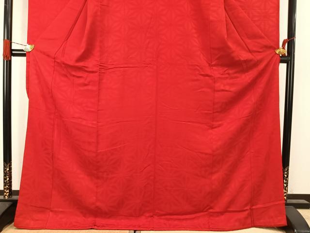 平和屋着物●豪華振袖　色無地　麻の葉地紋　紅緋色　正絹　逸品　AABJ4784fy