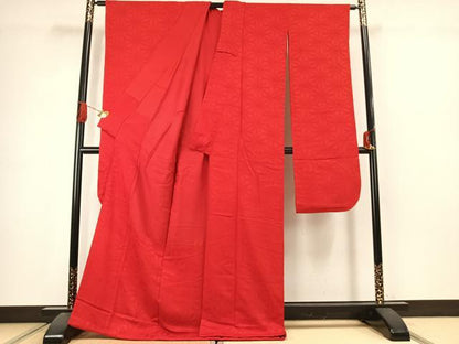 平和屋着物●豪華振袖　色無地　麻の葉地紋　紅緋色　正絹　逸品　AABJ4784fy