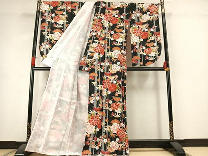 平和屋着物●小振袖　二尺袖　松竹梅　黒地　金彩　洗える着物　AABJ4787fy