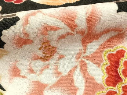 平和屋着物●小振袖　二尺袖　松竹梅　黒地　金彩　洗える着物　AABJ4787fy