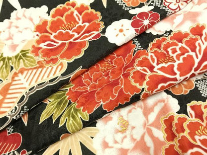平和屋着物●小振袖　二尺袖　松竹梅　黒地　金彩　洗える着物　AABJ4787fy