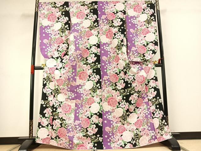 平和屋着物●小振袖　二尺袖　草花文　洗える着物　AABJ4790fy