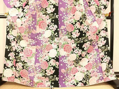 平和屋着物●小振袖　二尺袖　草花文　洗える着物　AABJ4790fy