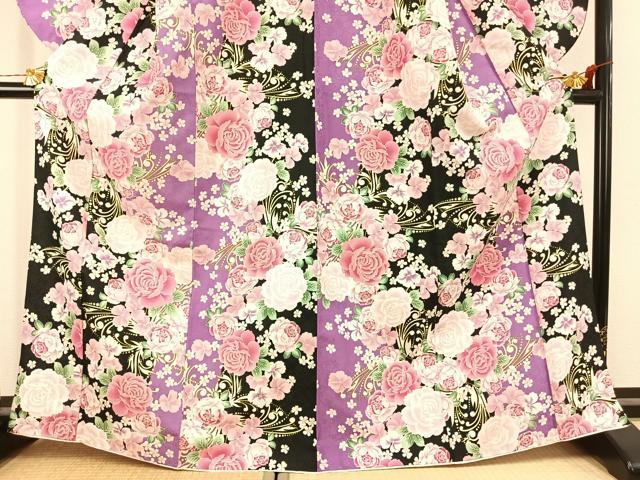 平和屋着物●小振袖　二尺袖　草花文　洗える着物　AABJ4790fy