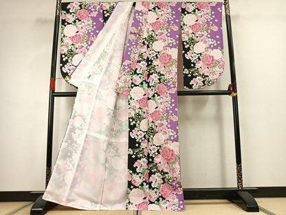 平和屋着物●小振袖　二尺袖　草花文　洗える着物　AABJ4790fy
