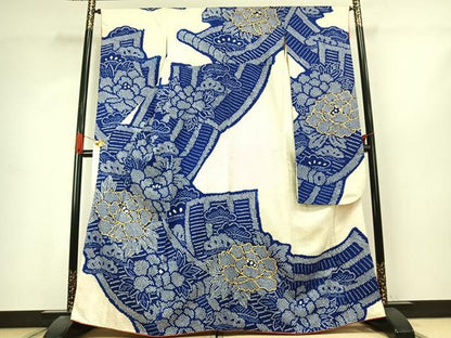 平和屋着物●豪華振袖　駒刺繍　絞り　草花文　正絹　逸品　AABJ4791fy