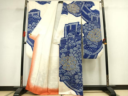 平和屋着物●豪華振袖　駒刺繍　絞り　草花文　正絹　逸品　AABJ4791fy