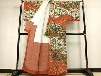 平和屋着物●江戸紅型　五味桂子　訪問着　風景花鳥文　鬼しぼ縮緬　正絹　逸品　未使用　AABJ4796fy