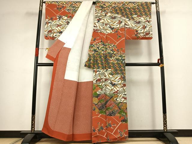 平和屋着物●江戸紅型　五味桂子　訪問着　風景花鳥文　鬼しぼ縮緬　正絹　逸品　未使用　AABJ4796fy