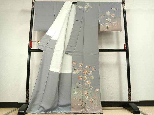 平和屋着物●訪問着　友禅　駒刺繍　舟　蔦の葉文　暈し染め　金彩　ロング丈　正絹　逸品　AABJ4799fy
