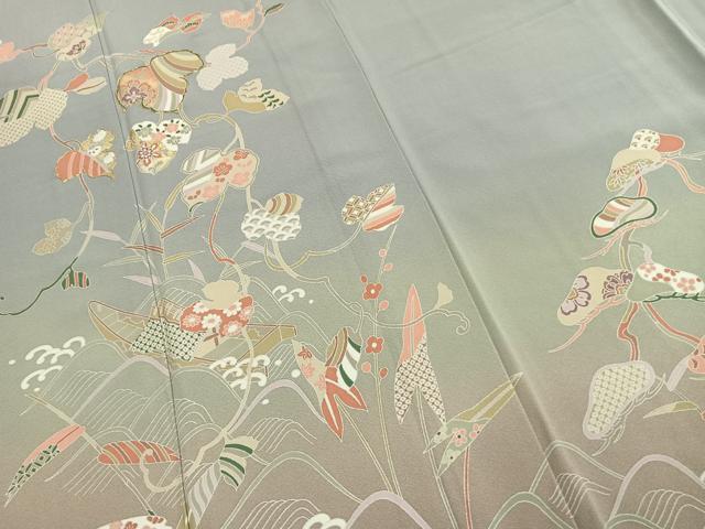 平和屋着物●訪問着　友禅　駒刺繍　舟　蔦の葉文　暈し染め　金彩　ロング丈　正絹　逸品　AABJ4799fy