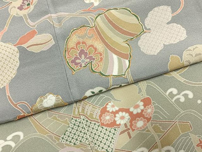 平和屋着物●訪問着　友禅　駒刺繍　舟　蔦の葉文　暈し染め　金彩　ロング丈　正絹　逸品　AABJ4799fy