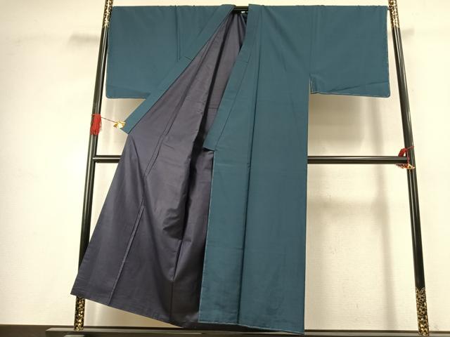 平和屋着物●男性　紬　アンサンブル　色無地　高麗納戸色　正絹　逸品　未使用　AABJ4808fy