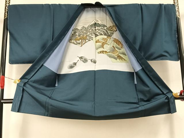 平和屋着物●男性　紬　アンサンブル　色無地　高麗納戸色　正絹　逸品　未使用　AABJ4808fy