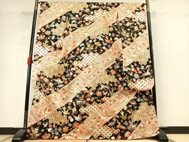平和屋着物●豪華振袖　駒刺繍　花鳥文　黒地　金彩　正絹　逸品　AABJ4816fy