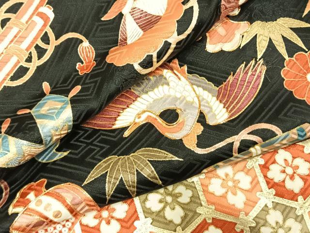 平和屋着物●豪華振袖　駒刺繍　花鳥文　黒地　金彩　正絹　逸品　AABJ4816fy
