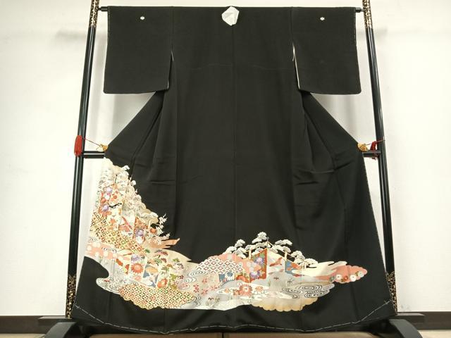 平和屋着物●豪華黒留袖　駒刺繍　花鳥文　金糸　金銀彩　正絹　逸品　AABJ4817fy