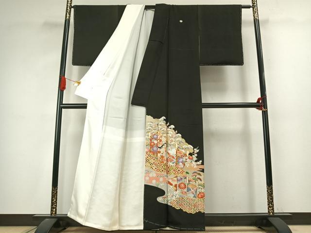 平和屋着物●豪華黒留袖　駒刺繍　花鳥文　金糸　金銀彩　正絹　逸品　AABJ4817fy