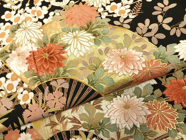平和屋着物●豪華黒留袖　駒刺繍　扇面花文　金糸　金彩　正絹　逸品　未使用　AABJ4818fy