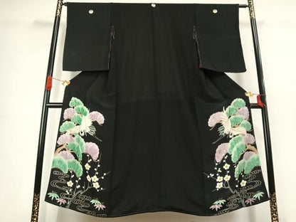 平和屋着物●アンティーク　大正ロマン　黒留袖　鶴　松竹梅　正絹　逸品　AABJ4822fy