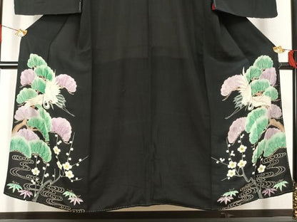 平和屋着物●アンティーク　大正ロマン　黒留袖　鶴　松竹梅　正絹　逸品　AABJ4822fy