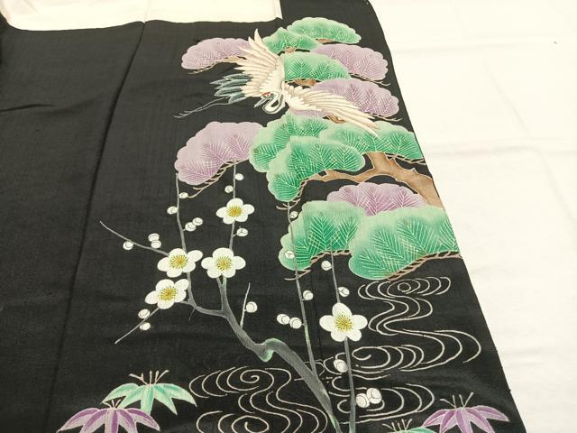 平和屋着物●アンティーク　大正ロマン　黒留袖　鶴　松竹梅　正絹　逸品　AABJ4822fy