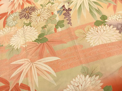 平和屋本店●アンティーク　大正ロマン　振袖　刺繍　草花文　暈し染め　金糸　正絹　逸品　AABJ4824fy