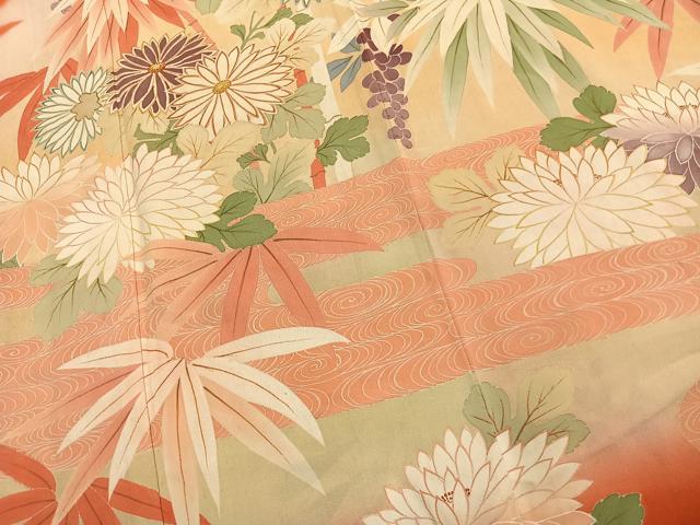 平和屋本店●アンティーク　大正ロマン　振袖　刺繍　草花文　暈し染め　金糸　正絹　逸品　AABJ4824fy