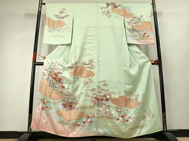 平和屋着物●訪問着　刺繍　雲取り花文　暈し染め　金彩　正絹　逸品　AABJ4833fy