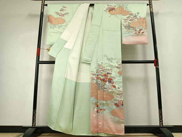 平和屋着物●訪問着　刺繍　雲取り花文　暈し染め　金彩　正絹　逸品　AABJ4833fy