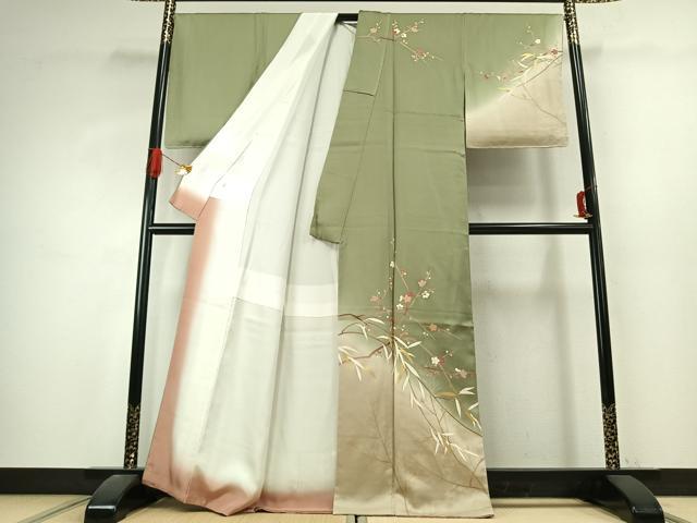 平和屋着物●訪問着　駒刺繍　枝梅文　暈し染め　金彩　正絹　逸品　未使用　AABJ4836fy