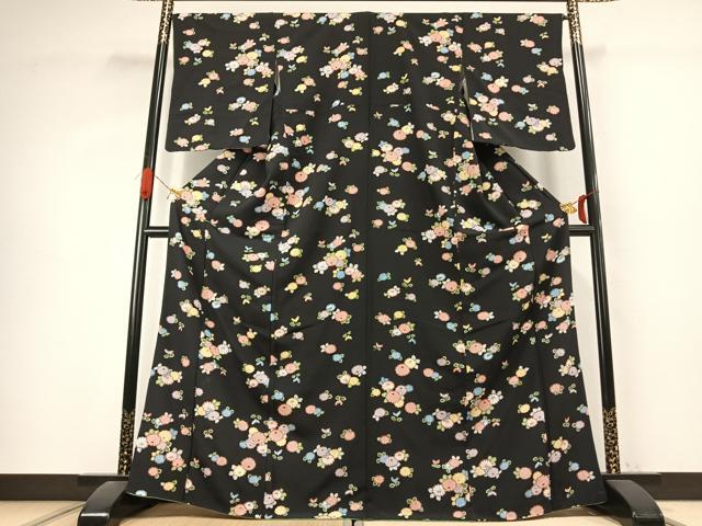 平和屋着物●上質な小紋　草花文　黒地　金彩　正絹　逸品　未使用　AABJ4839fy