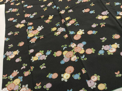 平和屋着物●上質な小紋　草花文　黒地　金彩　正絹　逸品　未使用　AABJ4839fy