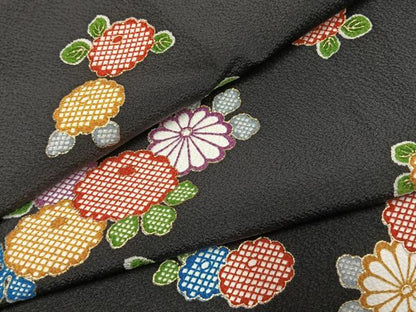 平和屋着物●上質な小紋　草花文　黒地　金彩　正絹　逸品　未使用　AABJ4839fy