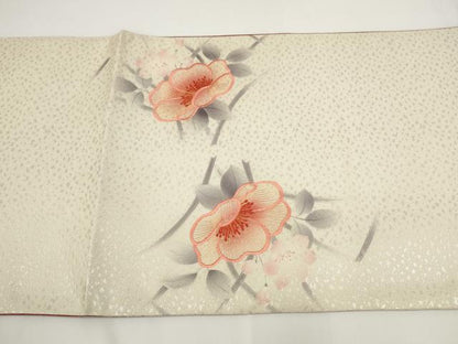 平和屋着物◎太鼓柄京袋帯　手描き　刺繍　草花文　金銀糸　銀通し地　正絹　逸品　AABJ4843pf