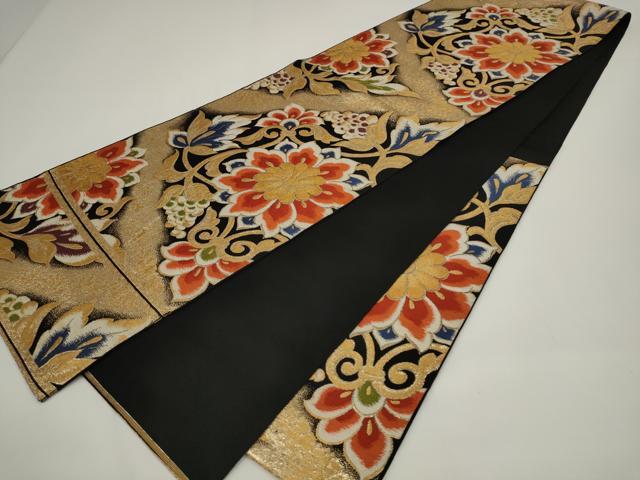 平和屋着物◎六通柄京袋帯　更紗花文　黒地　金糸　正絹　逸品　AABJ4848pf