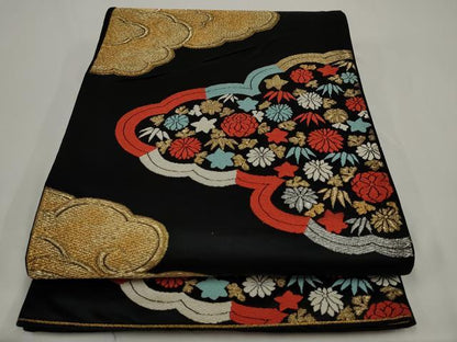 平和屋着物◎六通柄京袋帯　唐織　雲取り花文　黒地　金糸　正絹　逸品　AABJ4849pf