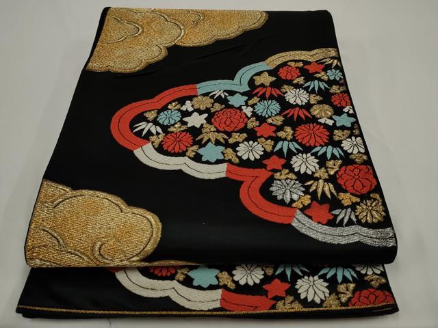 平和屋着物◎六通柄京袋帯　唐織　雲取り花文　黒地　金糸　正絹　逸品　AABJ4849pf