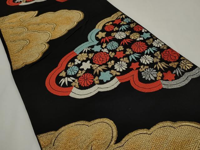 平和屋着物◎六通柄京袋帯　唐織　雲取り花文　黒地　金糸　正絹　逸品　AABJ4849pf