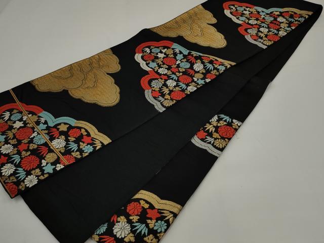平和屋着物◎六通柄京袋帯　唐織　雲取り花文　黒地　金糸　正絹　逸品　AABJ4849pf