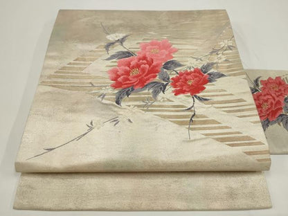 平和屋着物◎九寸名古屋帯　枝花文　金銀糸　正絹　逸品　AABJ4855pf