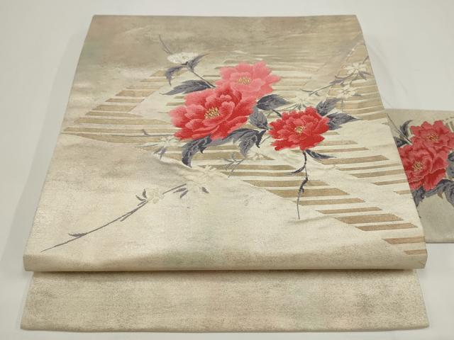 平和屋着物◎九寸名古屋帯　枝花文　金銀糸　正絹　逸品　AABJ4855pf