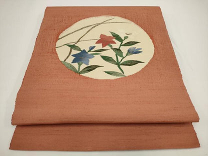平和屋着物◎八寸名古屋帯　紬地　草花文　正絹　逸品　AABJ4861pf